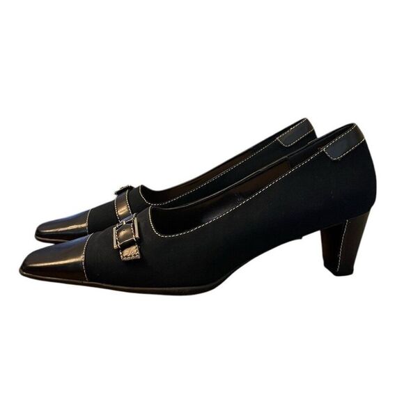 AK ANNE KLEIN iflex 9 M Black Fabric Heels Pumps Buckle Slip On Square Toe - Picture 3 of 9